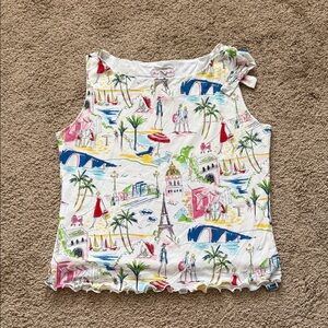 Vintage Y2K Pink Poodle French Parisian Scene Printed Tank Top with Tie